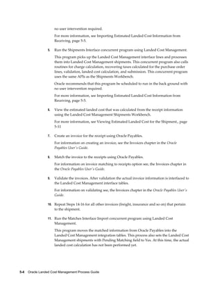 no user intervention required.
                      For more information, see Importing Estimated Landed Cost Information from
                      Receiving, page 5-5.

                 5.   Run the Shipments Interface concurrent program using Landed Cost Management.
                      This program picks up the Landed Cost Management interface lines and processes
                      them into Landed Cost Management shipments. This concurrent program also calls
                      routines for charge calculation, recovering taxes calculated for the purchase order
                      lines, validation, landed cost calculation, and submission. This concurrent program
                      uses the same APIs as the Shipments Workbench.
                      Oracle recommends that this program be scheduled to run in the back ground with
                      no user intervention required.
                      For more information, see Importing Estimated Landed Cost Information from
                      Receiving, page 5-5.

                 6.   View the estimated landed cost that was calculated from the receipt information
                      using the Landed Cost Management Shipments Workbench.
                      For more information, see Viewing Estimated Landed Cost for the Shipment., page
                      5-11

                 7.   Create an invoice for the receipt using Oracle Payables.
                      For information on creating an invoice, see the Invoices chapter in the Oracle
                      Payables User's Guide.

                 8.   Match the invoice to the receipts using Oracle Payables.
                      For information on invoice matching to receipts option see, the Invoices chapter in
                      the Oracle Payables User's Guide.

                 9.   Validate the invoices. After validation the actual invoice information is interfaced to
                      the Landed Cost Management interface tables.
                      For information on validating see, the Invoices chapter in the Oracle Payables User's
                      Guide.

                 10. Repeat Steps 14-16 for all other invoices (freight, insurance and so on) that pertain
                      to the shipment.

                 11. Run the Matches Interface Import concurrent program using Landed Cost
                      Management.
                      This program moves the matched information from Oracle Payables into the
                      Landed Cost Management integration tables. This process also sets the Landed Cost
                      Management shipments with Pending Matching field to Yes. At this time, the actual
                      landed cost calculation has not been performed yet.




5-4    Oracle Landed Cost Management Process Guide
 