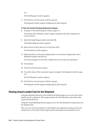 A-1.
                      The Find Requests window appears.

                 7.   Click Find to view the status of all the requests.
                      The Requests window appears displaying all of the requests.


                 To Run the Submit Pending Shipments Program
                 8.   Navigate to the Submit Request window, page A-1.
                      The Submit a New Request window appears asking for the type of request you
                      want to submit.

                 9.   Select the Single Request option and click OK.
                      The Submit Request window appears.

                 10. Select Submit Pending Shipments in the Name field.

                      The Parameters window appears.

                 11. (Optional) Enter an Inventory Organization or an Inventory Organization and a
                      Shipment Number and click Go.
                      To run the program for all of the available data do not enter any parameters.

                 12. Click Submit.

                 13. Click No in the Decision window.

                 14. To see the status of the concurrent request, navigate to the Requests window, page
                      A-1.
                      The Find Requests window appears.

                 15. Click Find to view the status of all the requests.

                      The Requests window appears displaying all of the requests.



Viewing Actual Landed Cost for the Shipment
                 Using the Shipment Hierarchy and Landed Cost Details pages you can view the actual
                 landed cost for a shipment. These pages itemize all of the allocation values that make
                 up the total landed cost.
                 Using the Actual Matching History page you can view the detailed invoicing history for
                 the shipment line.
                 Plus, you can view the proportion of each landed cost component making up the total
                 landed cost in a Pie Chart or Bar Graph and the unit landed cost calculations in the




5-16    Oracle Landed Cost Management Process Guide
 