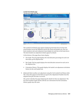 Landed Cost Details page




     The Landed Cost Details page appears displaying the break down for the total
     actual landed cost for the shipment and for the actual unit landed cost. The cost
     factor (analysis code and component class) display for each line in the break down.
     The latest landed cost adjustment details appear by default.
     At the bottom of the page these charts display:
     •   Pie Graph: The pie graph displays the total allocation percentage for each cost
         that make up the shipment line.

     •   Bar Graph: The bar graph displays the total allocation amount for each cost in
         the shipment line.

     •   Calculation History: This graph displays the landed cost adjustment calculation
         history for the unit landed cost.


7.   (Optional) Select another cost adjustment using the Unit Landed Cost History field.
     The values that appear for the field are equal to the Adjustment Number from the
     shipment line plus the date it occurred.
     The system refreshes the page displaying the details for that cost adjustment. The
     Pie Chart and Bar Graph refresh with the new information but the Calculation
     History graph stays the same.




                                                  Managing Landed Cost as a Service    5-21
 