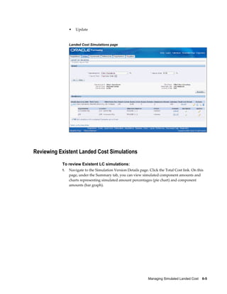 •   Update



                Landed Cost Simulations page




Reviewing Existent Landed Cost Simulations

           To review Existent LC simulations:
           1.   Navigate to the Simulation Version Details page. Click the Total Cost link. On this
                page, under the Summary tab, you can view simulated component amounts and
                charts representing simulated amount percentages (pie chart) and component
                amounts (bar graph).




                                                                Managing Simulated Landed Cost    6-5
 