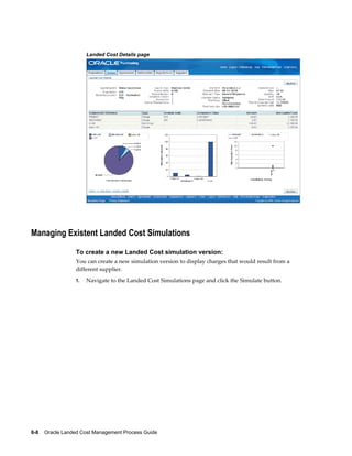Landed Cost Details page




Managing Existent Landed Cost Simulations

                 To create a new Landed Cost simulation version:
                 You can create a new simulation version to display charges that would result from a
                 different supplier.
                 1.   Navigate to the Landed Cost Simulations page and click the Simulate button.




6-8    Oracle Landed Cost Management Process Guide
 