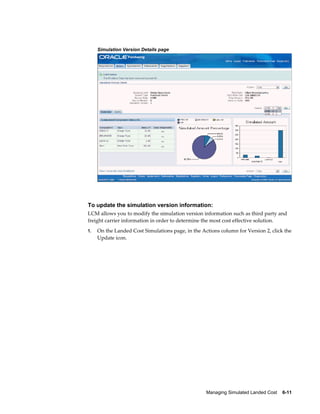 Simulation Version Details page




To update the simulation version information:
LCM allows you to modify the simulation version information such as third party and
freight carrier information in order to determine the most cost effective solution.
1.   On the Landed Cost Simulations page, in the Actions column for Version 2, click the
     Update icon.




                                                   Managing Simulated Landed Cost    6-11
 