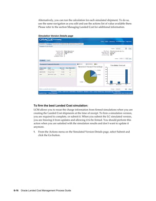 Alternatively, you can run the calculation for each simulated shipment. To do so,
                      use the same navigation as you edit and use the actions list of value available there.
                      Please refer to the section Managing Landed Cost for additional information.


                      Simulation Version Details page




                 To firm the best Landed Cost simulation:
                 LCM allows you to reuse the charge information from firmed simulations when you are
                 creating the Landed Cost shipments at the time of receipt. To firm a simulation version,
                 you are required to complete, or submit it. When you submit the LC simulated version,
                 you are freezing it from updates and allowing it to be firmed. You should perform this
                 action when you are satisfied with the simulation results and don't want to update it
                 anymore.
                 1.   From the Actions menu on the Simulated Version Details page, select Submit and
                      click the Go button.




6-16    Oracle Landed Cost Management Process Guide
 