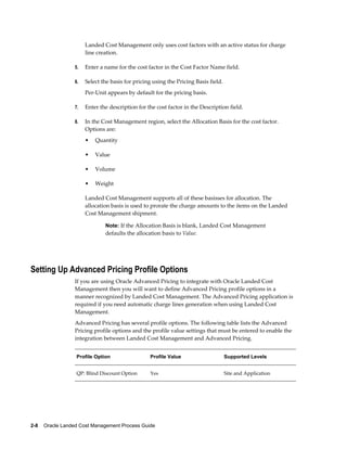 Landed Cost Management only uses cost factors with an active status for charge
                      line creation.

                 5.   Enter a name for the cost factor in the Cost Factor Name field.

                 6.   Select the basis for pricing using the Pricing Basis field.
                      Per-Unit appears by default for the pricing basis.

                 7.   Enter the description for the cost factor in the Description field.

                 8.   In the Cost Management region, select the Allocation Basis for the cost factor.
                      Options are:
                      •   Quantity

                      •   Value

                      •   Volume

                      •   Weight

                      Landed Cost Management supports all of these basisses for allocation. The
                      allocation basis is used to prorate the charge amounts to the items on the Landed
                      Cost Management shipment.

                              Note: If the Allocation Basis is blank, Landed Cost Management
                              defaults the allocation basis to Value.




Setting Up Advanced Pricing Profile Options
                 If you are using Oracle Advanced Pricing to integrate with Oracle Landed Cost
                 Management then you will want to define Advanced Pricing profile options in a
                 manner recognized by Landed Cost Management. The Advanced Pricing application is
                 required if you need automatic charge lines generation when using Landed Cost
                 Management.
                 Advanced Pricing has several profile options. The following table lists the Advanced
                 Pricing profile options and the profile value settings that must be entered to enable the
                 integration between Landed Cost Management and Advanced Pricing.


                  Profile Option                 Profile Value                      Supported Levels


                  QP: Blind Discount Option      Yes                                Site and Application




2-8    Oracle Landed Cost Management Process Guide
 