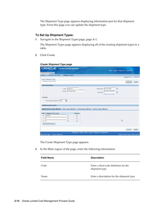 The Shipment Type page appears displaying information just for that shipment
                      type. From this page you can update the shipment type.


                 To Set Up Shipment Types:
                 1.   Navigate to the Shipment Types page, page A-1.
                      The Shipment Types page appears displaying all of the existing shipment types in a
                      table.

                 2.   Click Create.


                      Create Shipment Type page




                      The Create Shipment Type page appears.

                 3.   In the Main region of the page, enter the following information:


                      Field Name                                 Description


                      Code                                       Enter a short code definition for the
                                                                 shipment type.


                      Name                                       Enter a description for the shipment type.




2-14    Oracle Landed Cost Management Process Guide
 