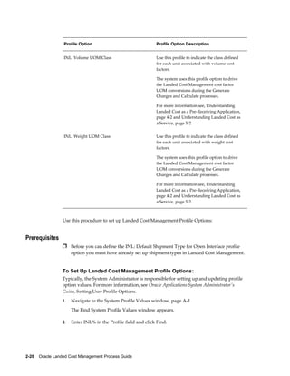 Profile Option                               Profile Option Description


                  INL: Volume UOM Class                        Use this profile to indicate the class defined
                                                               for each unit associated with volume cost
                                                               factors.

                                                               The system uses this profile option to drive
                                                               the Landed Cost Management cost factor
                                                               UOM conversions during the Generate
                                                               Charges and Calculate processes.

                                                               For more information see, Understanding
                                                               Landed Cost as a Pre-Receiving Application,
                                                               page 4-2 and Understanding Landed Cost as
                                                               a Service, page 5-2.


                  INL: Weight UOM Class                        Use this profile to indicate the class defined
                                                               for each unit associated with weight cost
                                                               factors.

                                                               The system uses this profile option to drive
                                                               the Landed Cost Management cost factor
                                                               UOM conversions during the Generate
                                                               Charges and Calculate processes.

                                                               For more information see, Understanding
                                                               Landed Cost as a Pre-Receiving Application,
                                                               page 4-2 and Understanding Landed Cost as
                                                               a Service, page 5-2.



                 Use this procedure to set up Landed Cost Management Profile Options:


Prerequisites
                 Ì Before you can define the INL: Default Shipment Type for Open Interface profile
                      option you must have already set up shipment types in Landed Cost Management.


                 To Set Up Landed Cost Management Profile Options:
                 Typically, the System Administrator is responsible for setting up and updating profile
                 option values. For more information, see Oracle Applications System Administrator's
                 Guide, Setting User Profile Options.
                 1.   Navigate to the System Profile Values window, page A-1.
                      The Find System Profile Values window appears.

                 2.   Enter INL% in the Profile field and click Find.




2-20    Oracle Landed Cost Management Process Guide
 