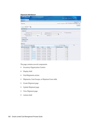 Shipments Workbench




                 The page contains several components:
                 •   Inventory Organization Context

                 •   Display field

                 •   Find Shipments section

                 •   Shipments, Line Groups, or Shipment Lines table

                 •   Create Shipment page

                 •   Update Shipment page

                 •   View Shipment page

                 •   Actions field




3-2    Oracle Landed Cost Management Process Guide
 