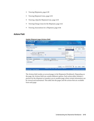 •   Viewing Shipments, page 4-30

                •   Viewing Shipment Lines, page 4-32

                •   Viewing a Specific Shipment Line, page 4-33

                •   Viewing Charge Lines for the Shipment, page 4-41

                •   Viewing Associations for a Shipment, page 4-46



Actions Field

                Update Shipment page (Actions field)




                The Actions field resides on several pages in the Shipments Workbench. Depending on
                the page, the Actions field can contain different options. Each action either initiates a
                process for the shipment or transfers you to another page where certain information can
                be viewed and maintained. This table lists the pages and the actions that are available
                from each page:




                                                            Understanding the Shipments Workbench    3-13
 