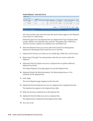 Create Shipment - Lines tab (2 of 2)




                      All of the purchase order lines that match the search criteria appear in the Shipment
                      Lines section in a table format.
                      Fields that appear for each shipment line are: shipment line Type, Purchase Order
                      number, Release, Line, Schedule, Item, item Rev, Description, Qty, UOM, Price,
                      Amount, Currency, Update icon, Duplicate icon, and Delete icon.

                 6.   Select the Shipment Lines you want to add to the Landed Cost Management
                      shipment by selecting the Select check box next to each line.

                 7.   (Optional) For the lines you select you can modify Qty, UOM, Price, and Currency.

                 8.   Repeat steps 2 through 7 for each purchase order line you want to add to the
                      shipment.

                 9.   (Optional) Click the Update icon next to a shipment line to update additional
                      shipment line details.
                      The Update Shipment Line page appears for just that shipment line.

                 10. (Optional) Modify the Main Information, Tax Determining Factors, or Tax
                      Attributes for the shipment line.

                 11. Click Apply

                      The Create Shipment page reappears to the Lines tab.

                 12. (Optional) Click the Duplicate icon next to a shipment line to duplicate that line.

                      The duplicate line appears in the shipment lines table.

                 13. Make the necessary modifications to the duplicate line.

                 14. (Optional) Click the Delete icon next to a shipment line.

                      The shipment line is deleted from the shipment lines table.

                 15. Save your work.




4-16    Oracle Landed Cost Management Process Guide
 