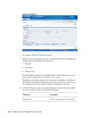 Shipments Workbench




                      The complete Shipments Workbench appears.

                 3.   Select the type of information you want to display at the bottom of the Shipments
                      Workbench using the Display field. Values are:
                      •   Shipment

                      •   Line Group

                      •   Shipment Line

                      By default Shipment appears in the Display field. To update shipments you will
                      want to select a display option of Shipment or Line Group.
                      Depending on the Display selection, the information that appears at the bottom of
                      the Shipments Workbench will pertain to that display option. For example, if you
                      select Shipment then fields related to shipments will appear in the table.

                 4.   In the Find Shipments section, expand the Shipments section and enter the fields
                      you want to search on. Enter any of the following fields:


                      Field Name                                Description


                      Operating Unit                            Select an operating unit for the shipment.




4-18    Oracle Landed Cost Management Process Guide
 