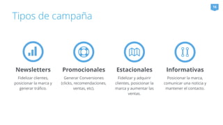 Tipos de campaña 
16 
Newsletters 
Fidelizar clientes, 
posicionar la marca y 
generar tráfico. 
Promocionales 
Generar Conversiones 
(clicks, recomendaciones, 
ventas, etc). 
Estacionales 
Fidelizar y adquirir 
clientes, posicionar la 
marca y aumentar las 
ventas. 
Informativas 
Posicionar la marca, 
comunicar una noticia y 
mantener el contacto. 
 