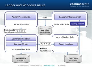 Lander and Windows Azure


        Admin Presentation                          State              Consumer Presentation


          Azure Web Role                                         Azure Web Role       Query Model

Commands                                       App Fabric
Azure Queue                                   Cache Service

                                                                     Azure Worker Role
        Command Handlers

          Domain Model                                                 Event Handlers

        Azure Worker Role                     Events
                                              Azure Queue



              Relational DB                                                        Query Store
               Azure SQL                                                           Azure Blob

                © Copyright 2011 Common Sense LLC    www.GetCS.com    #CSWebinar
 