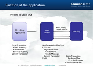 Partition of the application

   Prepare to Scale Out




                                                               Async, loosely
                                                               coupled services
       Monolithic                              Sales
                                                                                  Inventory
       Application                             Orders




    Begin Transaction                      Soft Reservation Msg Sync
     Check Inventory                       If Succeed
     Create Order                             Begin Transaction
     Reserve Inventory                         Create Order
    Commit Transaction                         Create Message
                                              Commit Transaction     Begin Transaction
                                           End If                      DeQueue Msg
                                                                       Firm Soft Reserve
                                                                     Commit Transaction
           © Copyright 2011 Common Sense LLC   www.GetCS.com      #CSWebinar
 