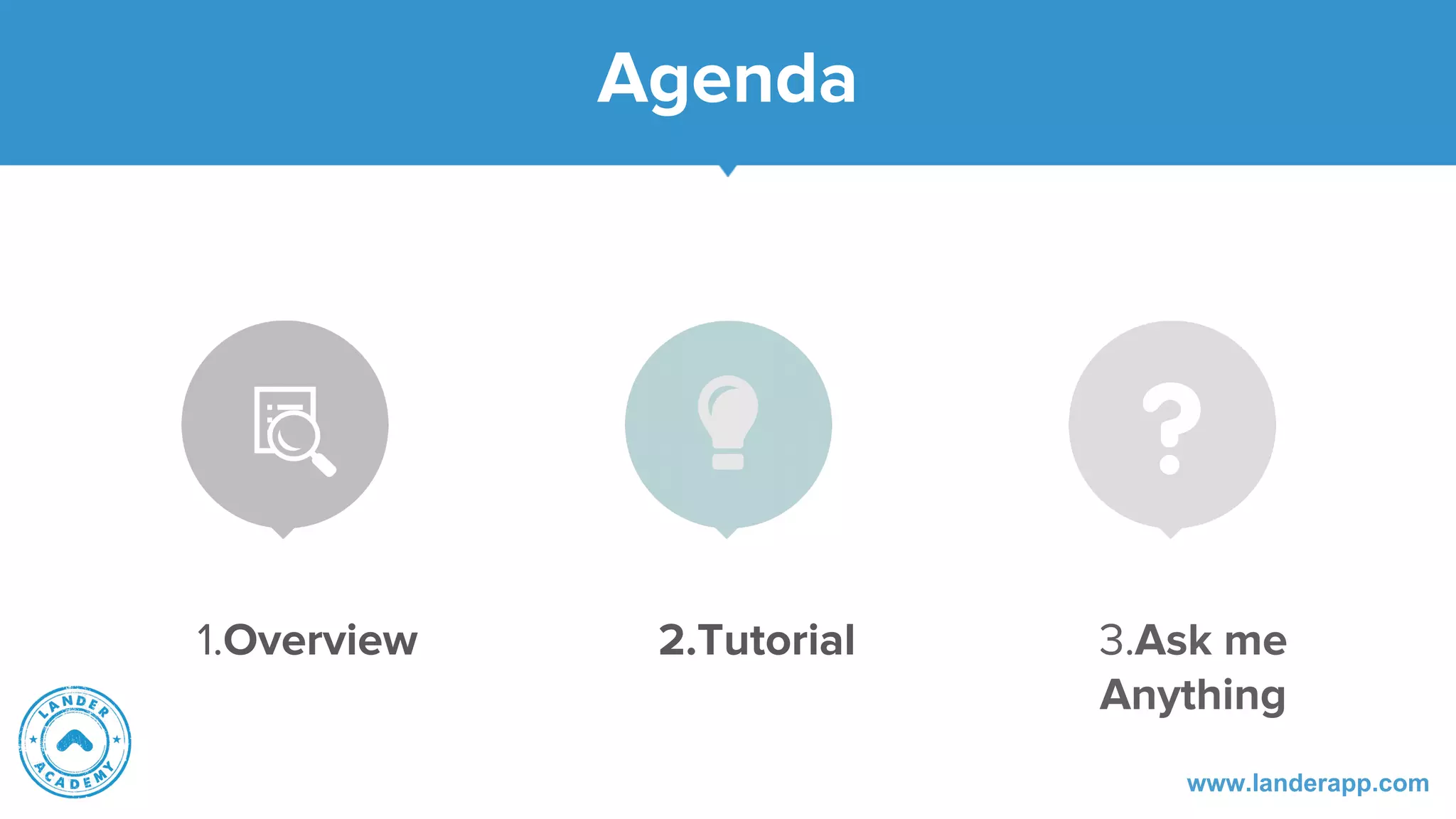 Agenda
1.Overview 2.Tutorial 3.Ask me
Anything
www.landerapp.com
 