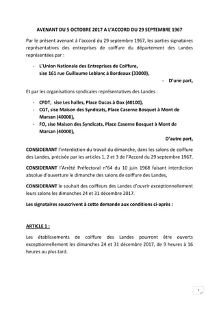 1
AVENANT DU 5 OCTOBRE 2017 A L’ACCORD DU 29 SEPTEMBRE 1967
Par le présent avenant à l’accord du 29 septembre 1967, les pa...