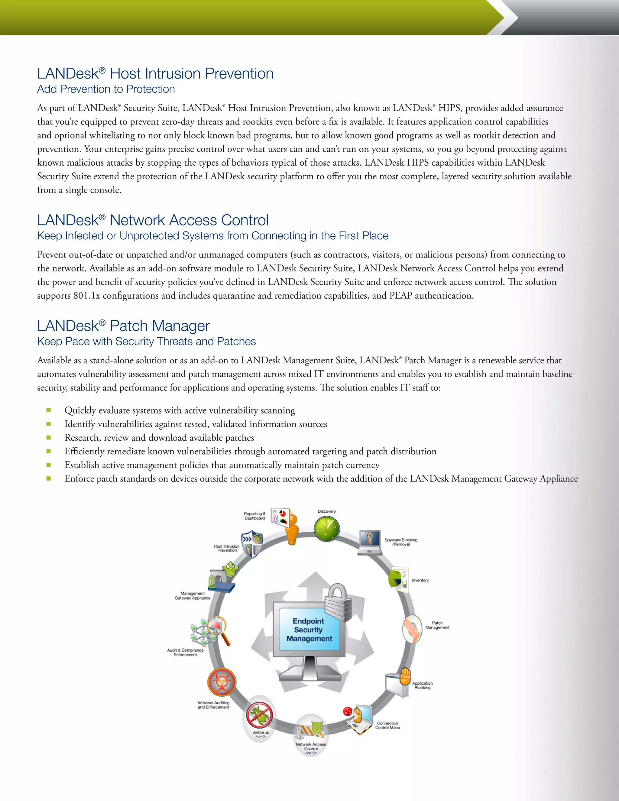LANDesk® Host Intrusion Prevention
Add Prevention to Protection
As part of LANDesk® Security Suite, LANDesk® Host Intrusion Prevention, also known as LANDesk® HIPS, provides added assurance
that you’re equipped to prevent zero-day threats and rootkits even before a fix is available. It features application control capabilities
and optional whitelisting to not only block known bad programs, but to allow known good programs as well as rootkit detection and
prevention. Your enterprise gains precise control over what users can and can’t run on your systems, so you go beyond protecting against
known malicious attacks by stopping the types of behaviors typical of those attacks. LANDesk HIPS capabilities within LANDesk
Security Suite extend the protection of the LANDesk security platform to offer you the most complete, layered security solution available
from a single console.


LANDesk® Network Access Control
Keep Infected or Unprotected Systems from Connecting in the First Place
Prevent out-of-date or unpatched and/or unmanaged computers (such as contractors, visitors, or malicious persons) from connecting to
the network. Available as an add-on software module to LANDesk Security Suite, LANDesk Network Access Control helps you extend
the power and benefit of security policies you’ve defined in LANDesk Security Suite and enforce network access control. The solution
supports 801.1x configurations and includes quarantine and remediation capabilities, and PEAP authentication.


LANDesk® Patch Manager
Keep Pace with Security Threats and Patches
Available as a stand-alone solution or as an add-on to LANDesk Management Suite, LANDesk® Patch Manager is a renewable service that
automates vulnerability assessment and patch management across mixed IT environments and enables you to establish and maintain baseline
security, stability and performance for applications and operating systems. The solution enables IT staff to:

  ■■   Quickly evaluate systems with active vulnerability scanning
  ■■   Identify vulnerabilities against tested, validated information sources
  ■■   Research, review and download available patches
  ■■   Efficiently remediate known vulnerabilities through automated targeting and patch distribution
  ■■   Establish active management policies that automatically maintain patch currency
  ■■   Enforce patch standards on devices outside the corporate network with the addition of the LANDesk Management Gateway Appliance
 