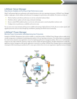 LANDesk Server Manager
                ®


Keep Servers Available and Running at High Performance Levels
Help IT staff maintain high server performance with minimal intrusion on the server operating environment. LANDesk® Server Manager
employs a single agent, console, database and architecture for managing server performance and availability. The solution can help you:

  ■■   Monitor hardware and software performance in real time and predict hardware failure
  ■■   Distribute software, updates and tools using on-demand technology
  ■■   Recover crashed IPMI-enabled machines over the wire with remote power control and problem resolution tools
  ■■   Configure alerts on performance, availability and recovery status

You can assess server status instantly and keep servers available and running at high performance levels, plus you can plan capacity and
upgrades proactively and access data through log consolidation, grouping and software license monitoring.


LANDesk® Power Manager
Minimize Power Consumption while Maximizing User Productivity
Included in LANDesk® Management Suite and also available as a stand-alone product, LANDesk® Power Manager software enables you to
centrally manage power consumption by optimizing power policies to fit your operating environment. The solution helps you understand
how much money and power your organization can save by employing specific power-management policies, allows you to track historical
savings over time, helps combat PC insomnia to make sure systems comply with approved policies, and allows administrators to delay the
application of power management while specific applications or processes are running. LANDesk Power Manager helps you minimize power
consumption while maximizing user productivity. It’s a smart, green solution that can save your organization a significant amount of money.
 