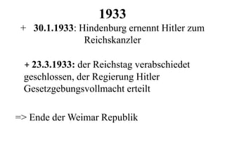 1933
+ 30.1.1933: Hindenburg ernennt Hitler zum
Reichskanzler
+ 23.3.1933: der Reichstag verabschiedet
geschlossen, der Regierung Hitler
Gesetzgebungsvollmacht erteilt
=> Ende der Weimar Republik
 