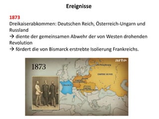 Ereignisse
1873
Dreikaiserabkommen: Deutschen Reich, Österreich-Ungarn und
Russland
 diente der gemeinsamen Abwehr der von Westen drohenden
Revolution
 fördert die von Bismarck erstrebte Isolierung Frankreichs.
 