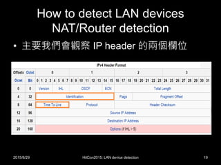 How to detect LAN devices
NAT/Router detection
• 主要我們會觀察 IP header 的兩個欄位
2015/8/29 HitCon2015: LAN device detection 19
 