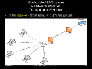 How to detect LAN devices
NAT/Router detection
The ID field in IP Header
• 如果有經過 NAT，那我們看到的 IP ID 序列有可能長這樣。
2015/8/29 HitCon2015: LAN device detection 22
 