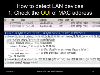 How to detect LAN devices
1. Check the OUI of MAC address
2015/8/29 HitCon2015: LAN device detection 26
 