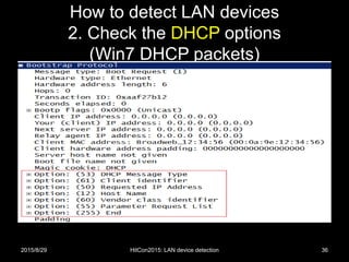 How to detect LAN devices
2. Check the DHCP options
(Win7 DHCP packets)
2015/8/29 HitCon2015: LAN device detection 36
 