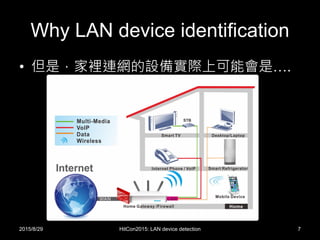 Why LAN device identification
• 但是，家裡連網的設備實際上可能會是….
2015/8/29 HitCon2015: LAN device detection 7
 