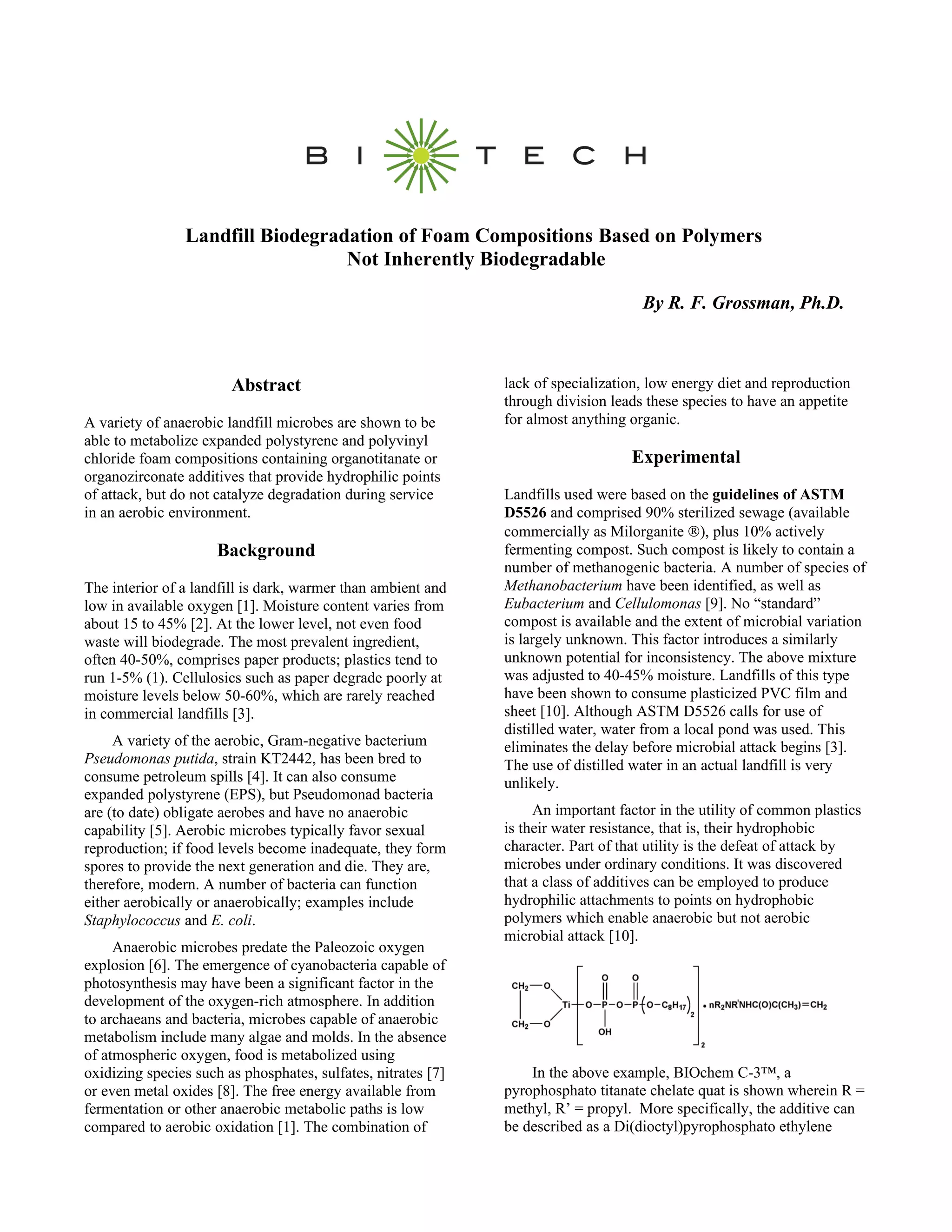 Landfill Biodegradation Of Foam Compositions Based On Polymers Not ...