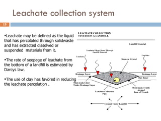 Leachate collection system Leachate may be defined as the liquid  that has percolated through solidwaste and has extracted dissolved or suspended  materials from it. The rate of seepage of leachate from the bottom of a landfill is estimated by Darcys law. The use of clay has favored in reducing the leachate percolation . 