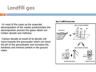 Landfill gas In most of the cases as the anaerobic decomposition of the wastes predominates the decomposition process the gases obtain are  Carbon dioxide and methane. Carbon dioxide as result of its density will move towards the grounwater which can lower the pH of the groundwater and increases the hardness and mineral content in the ground water. 