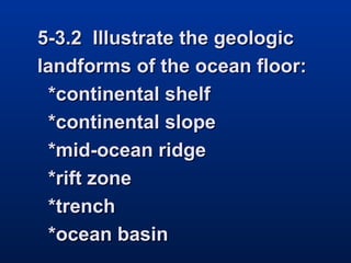 5-3.2 Illustrate the geologic
landforms of the ocean floor:
*continental shelf
*continental slope
*mid-ocean ridge
*rift zone
*trench
*ocean basin

 