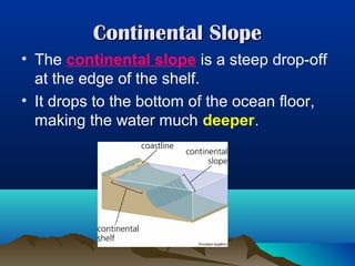 Continental Slope
• The continental slope is a steep drop-off
at the edge of the shelf.
• It drops to the bottom of the ocean floor,
making the water much deeper.

 