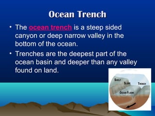 Ocean Trench
• The ocean trench is a steep sided
canyon or deep narrow valley in the
bottom of the ocean.
• Trenches are the deepest part of the
ocean basin and deeper than any valley
found on land.

 