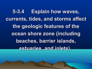 5-3.4 Explain how waves,
currents, tides, and storms affect
the geologic features of the
ocean shore zone (including
beaches, barrier islands,
estuaries, and inlets).

 