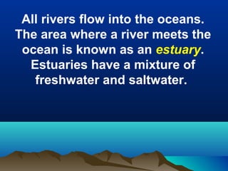 All rivers flow into the oceans.
The area where a river meets the
ocean is known as an estuary.
Estuaries have a mixture of
freshwater and saltwater.

 