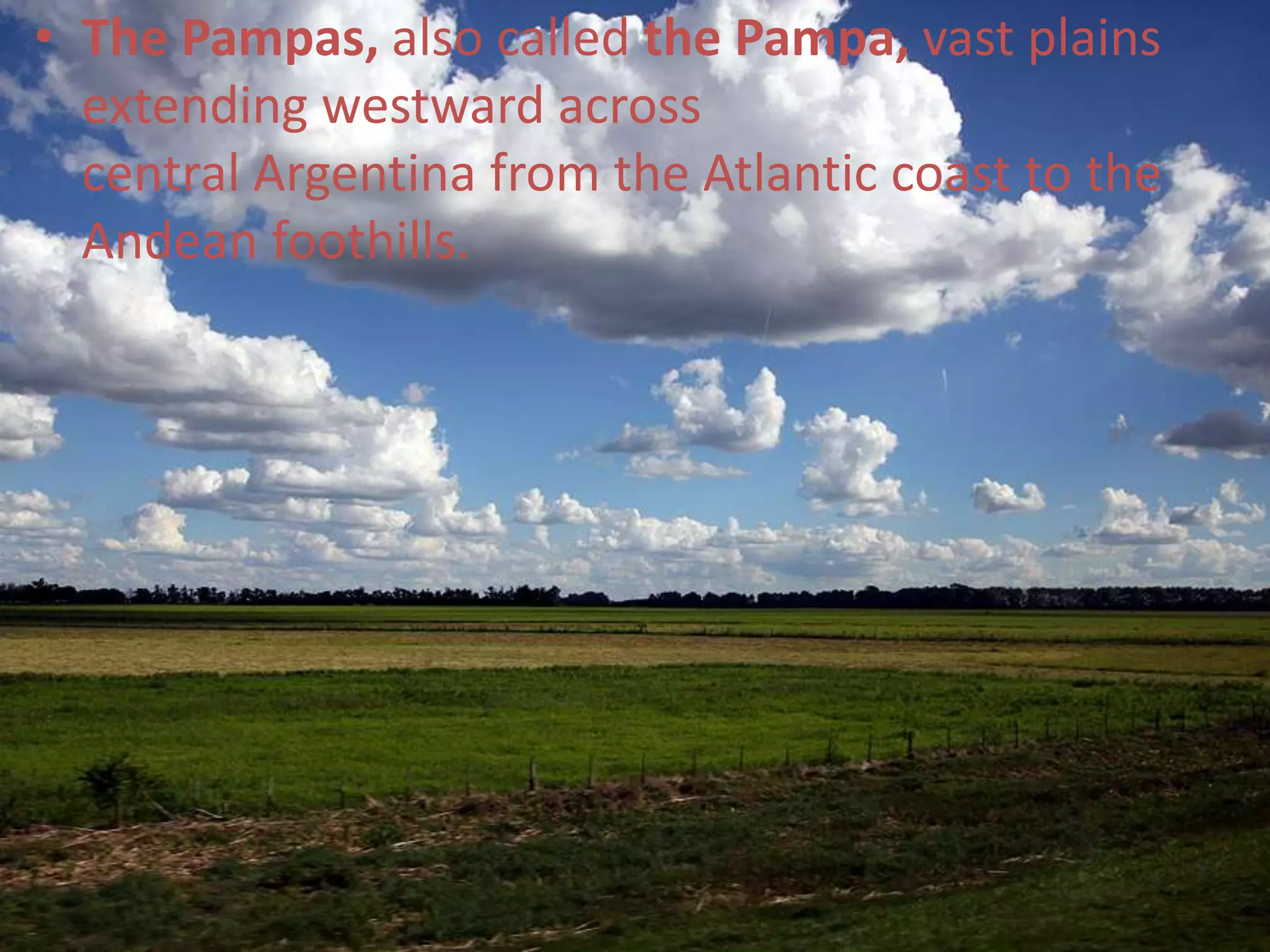 • The Pampas, also called the Pampa, vast plains
extending westward across
central Argentina from the Atlantic coast to the
Andean foothills.
 