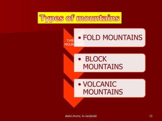 TYPES OF
MOUNTAINS
• FOLD MOUNTAINS
• BLOCK
MOUNTAINS
• VOLCANIC
MOUNTAINS
abdul shumz, kv kanjikode 13
 