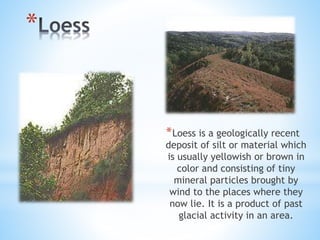 *
*Loess is a geologically recent
deposit of silt or material which
is usually yellowish or brown in
color and consisting of tiny
mineral particles brought by
wind to the places where they
now lie. It is a product of past
glacial activity in an area.
 