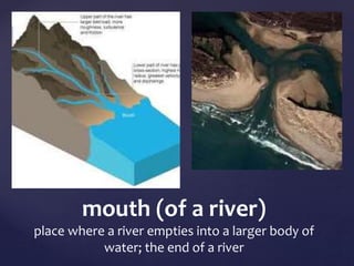 mouth (of a river) 
place where a river empties into a larger body of 
water; the end of a river 
 