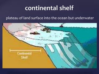 continental shelf 
plateau of land surface into the ocean but underwater 
{ 
 