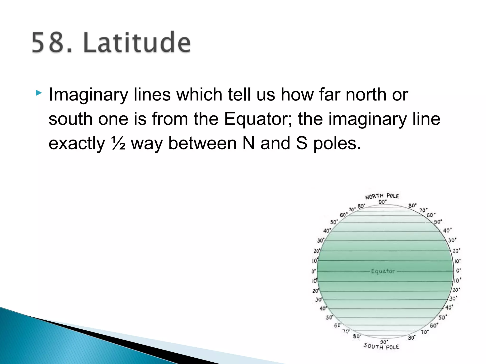  Imaginary lines which tell us how far north or
south one is from the Equator; the imaginary line
exactly ½ way between N and S poles.
 