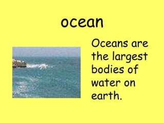 ocean
Oceans are
the largest
bodies of
water on
earth.
 