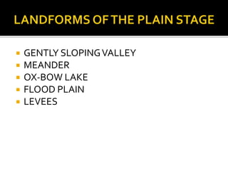  GENTLY SLOPING VALLEY 
 MEANDER 
 OX-BOW LAKE 
 FLOOD PLAIN 
 LEVEES 
 