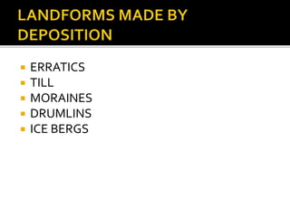  ERRATICS 
 TILL 
 MORAINES 
 DRUMLINS 
 ICE BERGS 
 