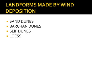 SAND DUNES 
 BARCHAN DUNES 
 SEIF DUNES 
 LOESS 
 