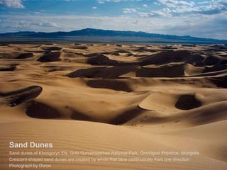 Sand Dunes
Sand dunes of Khongoryn Els, Gobi Gurvansaikhan National Park, Ömnögovi Province, Mongolia
Crescent-shaped sand dunes are created by winds that blow continuously from one direction
Photograph by Doron
 