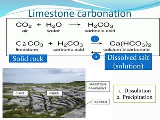 Limestone carbonation
a
Solid rock Dissolved salt
(solution)
1
2
1. Dissolution
2. Precipitation
 