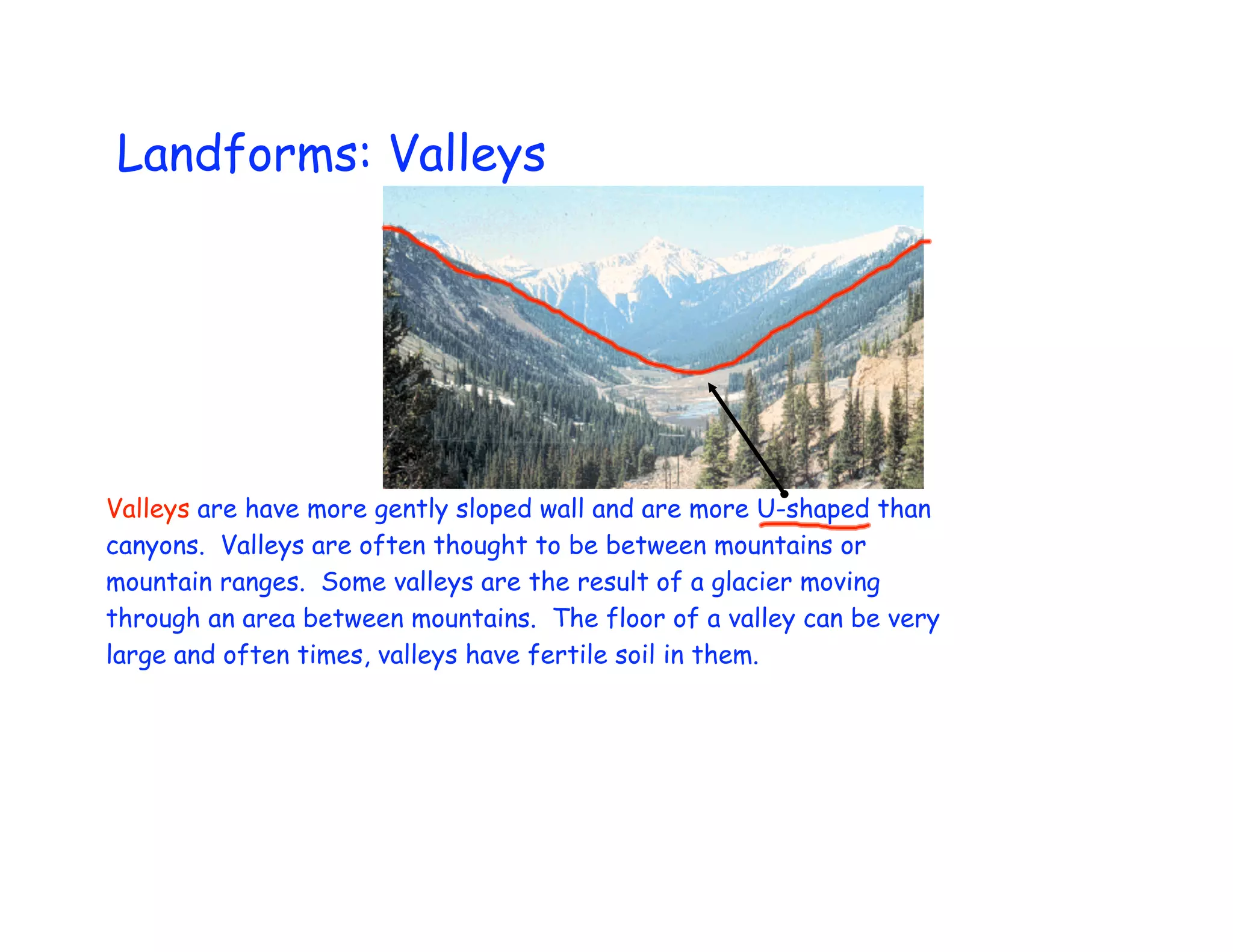 Landforms: Valleys




Valleys are have more gently sloped wall and are more U-shaped than
canyons. Valleys are often thought to be between mountains or
mountain ranges. Some valleys are the result of a glacier moving
through an area between mountains. The floor of a valley can be very
large and often times, valleys have fertile soil in them.
 