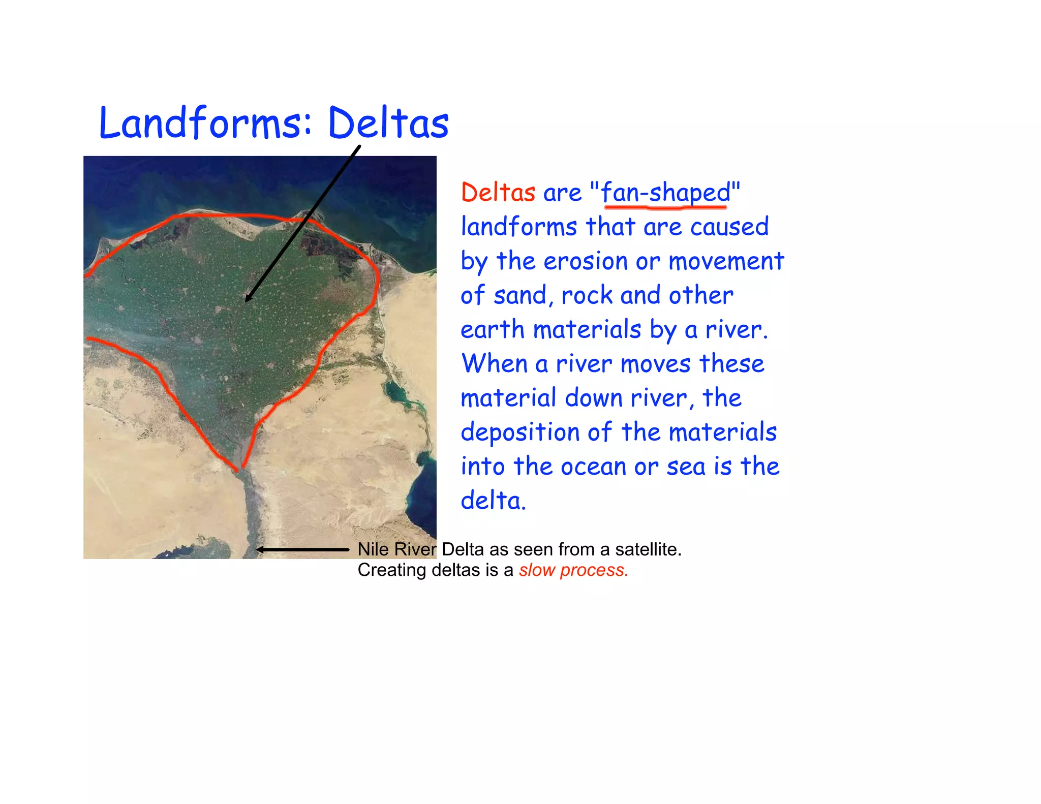 Landforms: Deltas
                         Deltas are "fan-shaped"
                         landforms that are caused
                         by the erosion or movement
                         of sand, rock and other
                         earth materials by a river.
                         When a river moves these
                         material down river, the
                         deposition of the materials
                         into the ocean or sea is the
                         delta.
            Nile River Delta as seen from a satellite.
            Creating deltas is a slow process.
 
